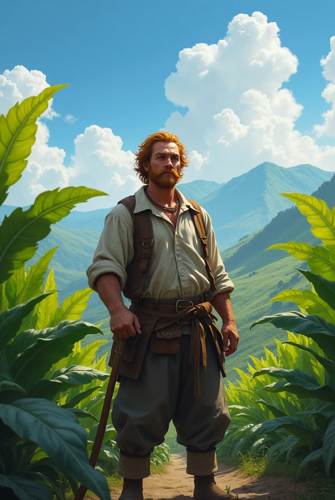 A vigorous man, offwhite, Celta, Red-Haired, giant mustache wearing peasant clothes on a farm in endless tobacco mountains, sun shines with a blue sky, tobacco appears with vigorous leaves at the height of man 