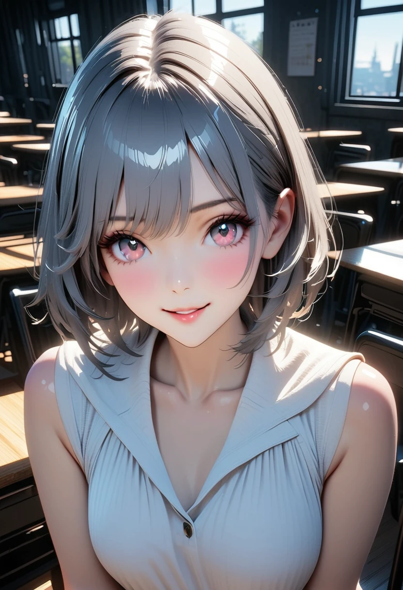 masterpiece,Game Art,Best picture quality,Maximum resolution,8k,(Upper Body),Unreal Engine 5 rendering works,(Digital Photography),(The girl looks at you lovingly,The smile is beautiful),Short hair details,(The eyes are very delicate),(With long gray hair:1.4),(Perfect body),(Bright dress,Black high heels,White cotton socks),(background:classroom),light,night,Ray Tracing,RAW photos,((3D Unreal Engine)),OC rendering reflection mode