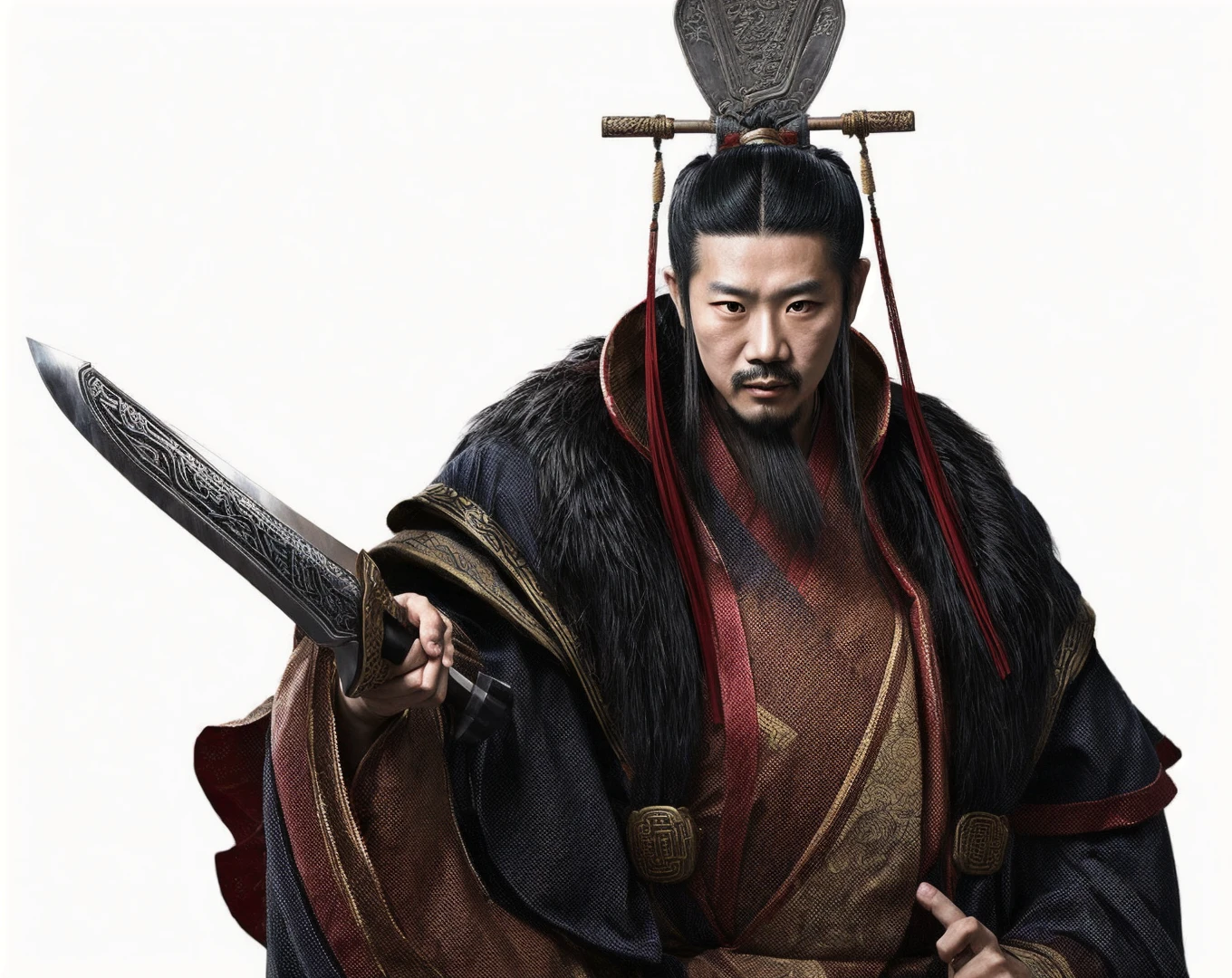 an image of an asian man dressed in traditional clothing with a sword in his hand, from three kingdoms, Emperor of the Han Dynasty, realistic, white background, 8k, super detail, ccurate, best quality