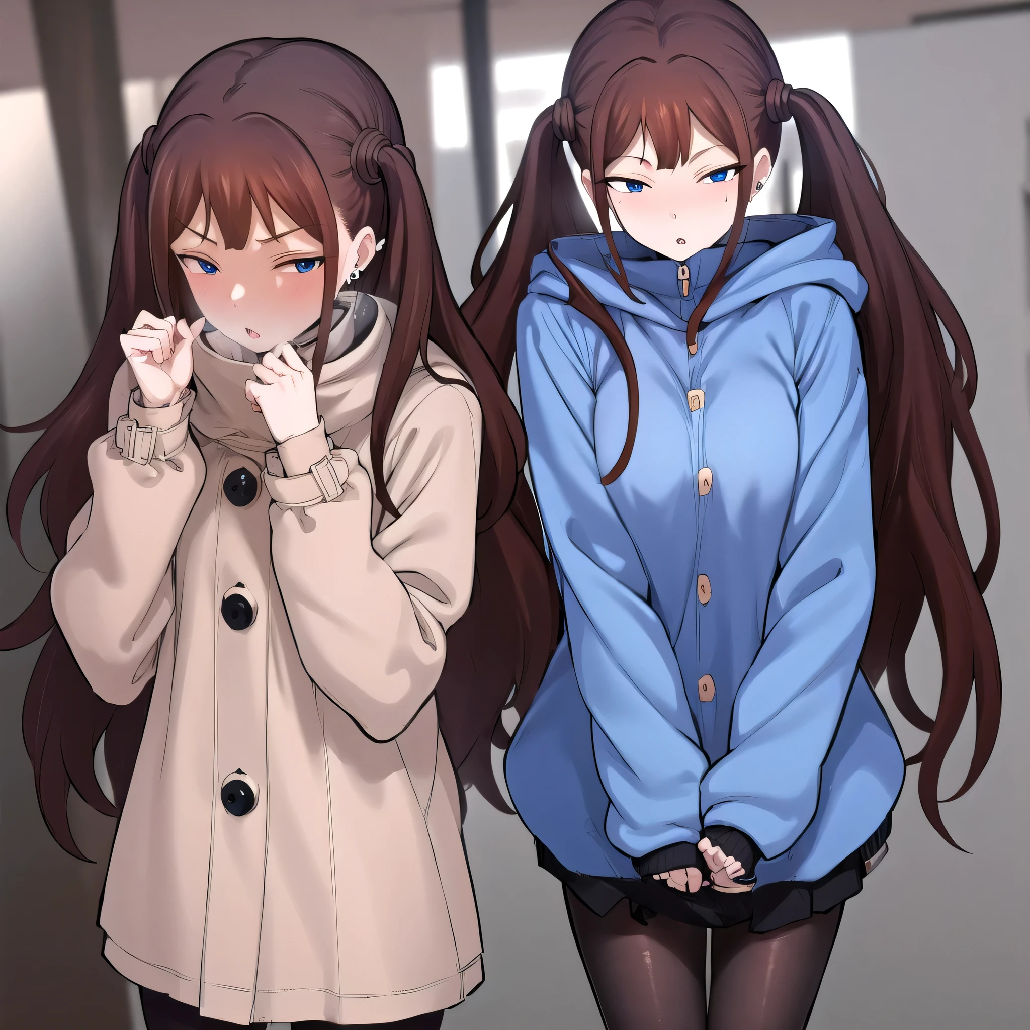 Tsubame NTR, long hair, blue eyes, brown hair, twin tails,
long sleeves, jewelry, pantyhose, earrings, hood, black pantyhose, hoodie, hooded down jacket, ear piercings, watch, blue hoodie,
coat, brown coat, turtleneck