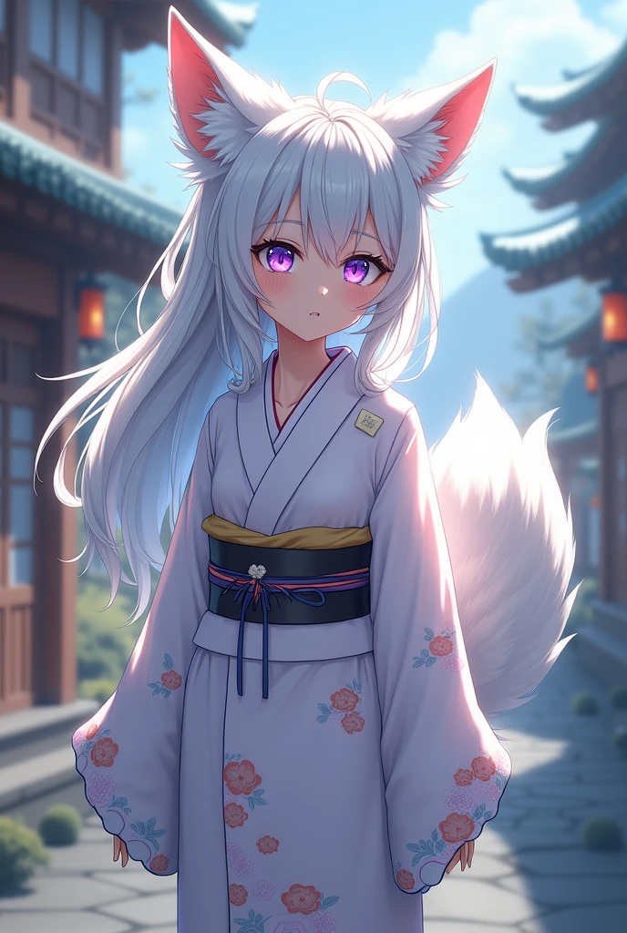 Height 182 cm, Her hair is silvery white, your ears are big like a fox's. With violet pupils similar to a fox's. She has a white tail, dressed in kimono. (Realistic anime model)