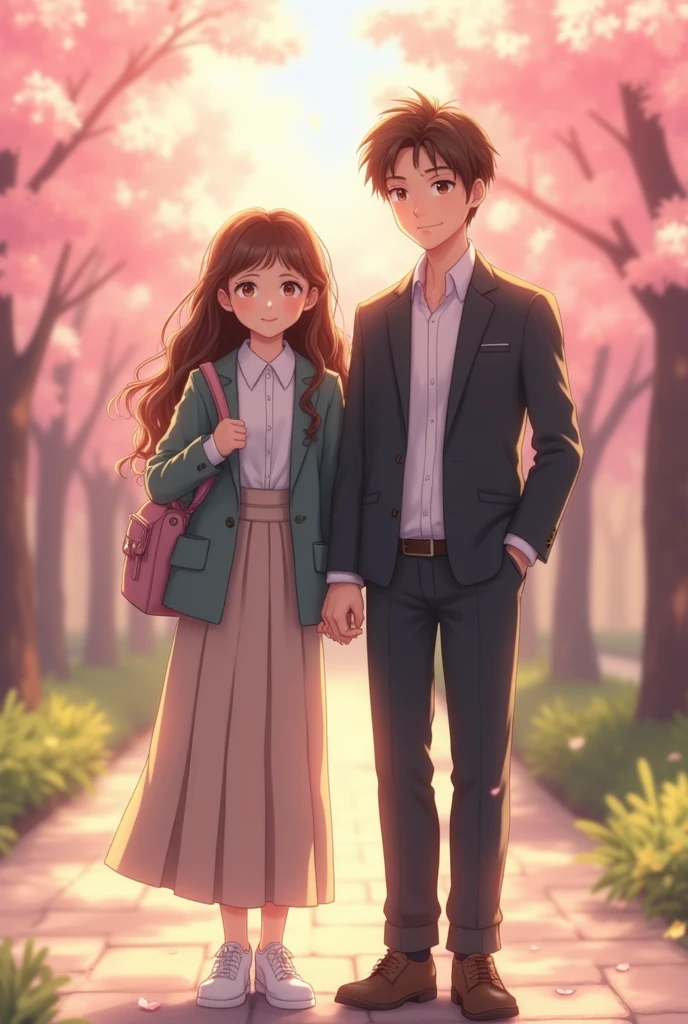 size:1242x2688 pixels,C4D Model,Young couple,The eyes of boys and girls have a sense of brushing,Beautiful and gentle long curly-haired brown girl wearing a casual long skirt suit and carrying a small backpack,Tall handsome boy with short brown hair,Wearing a casual and handsome suit,The two of them are full of hope for the future,Spring blooming season,Peach blossoms in full bloom in spring,highly,Volumetric light,happy up view ,Ultra HD 8k,webp