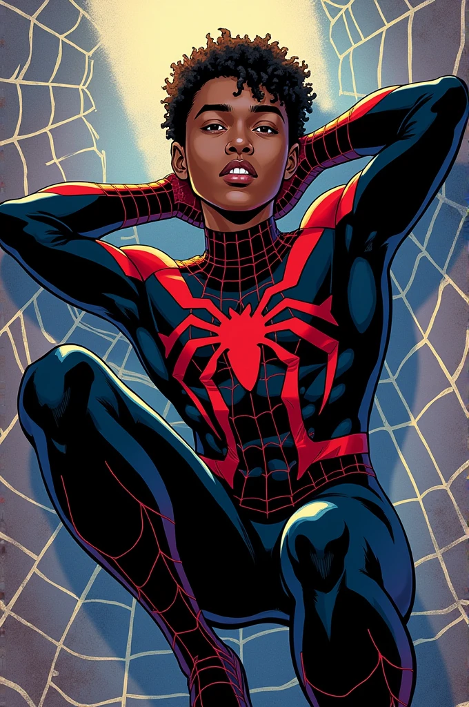 Miles Morales in his black Spiderman suit , comic type , without mask, with his arms behind his head , lying on a spider web