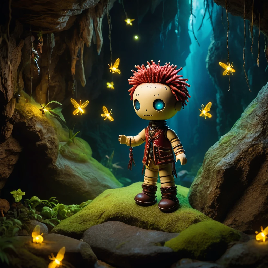 (knitted toy voodoo doll:1.7)
(Voodoo in a mysterious grotto with animated stalactites and fireflies:1.5)
(Clothing: tattered explorer attire with glowing crystal patterns:1.0)
(Accessories: miniature floating fireflies, tiny glowing stalactites, small enchanted pools:1.2)
(background: dark, echoing grotto with flickering light from glowing insects, shadows of ancient formations, and an ethereal mist wrapping around the hidden, magical environment:1.2), best quality, masterpiece, detailed soft oil painting, detailed background, dramatic cinematic lighting, soft edge lighting, professional, dramatic lighting, hard edge lighting, ultra quality, 4k, masterpiece, best quality, 8k, ultra high definition, high resolution, extremely detailed