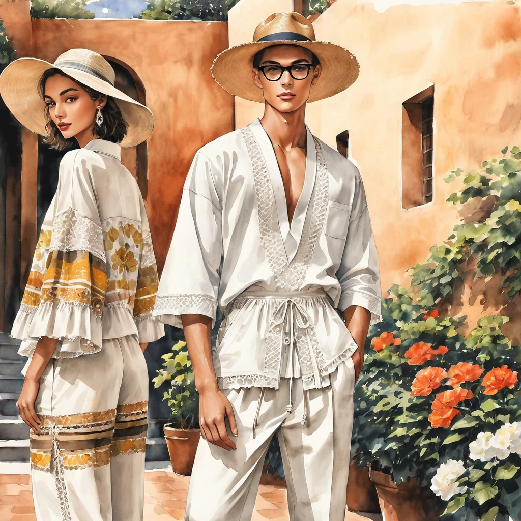 candid fashion illustration of young 2man and 1girl, aged 18-23 year old, tall and slender, Mixed race male super model, ((showcase fashionable cotton outfits inspired by designer Christian Diro resort collection 2023)), in elegant modern Mixed Trible style with ethnic woven details, natural Earth tone color. The 1st man wears an oversized shirt with embroidery and lace details, paired with slim-fit Pants. The 2nd man complements him in a white shirt decorate with lace and ethnic woven details, paired with big striped Drawstring short. 3rd man wears an oversized patchwork Yukata with short-sleeved shirt, lace details, relaxed-fit white hammer Pants, side entry pockets, and completes the look with white sneakers, glasses. the woman wearing an Ankle-length mini dress in cotton woven, frill-trimmed neckline with minimal lace detail, Her ensemble includes an accessorizes with a wide-brimmed straw hat, white sneakers. Captured in a ((full-body pose)), ((simple water-color on white paper)), realistic pencil lines, imperfect drawing, charcoal lines detail, fading sketch, fashion Sketching, low angle view, (full body image)