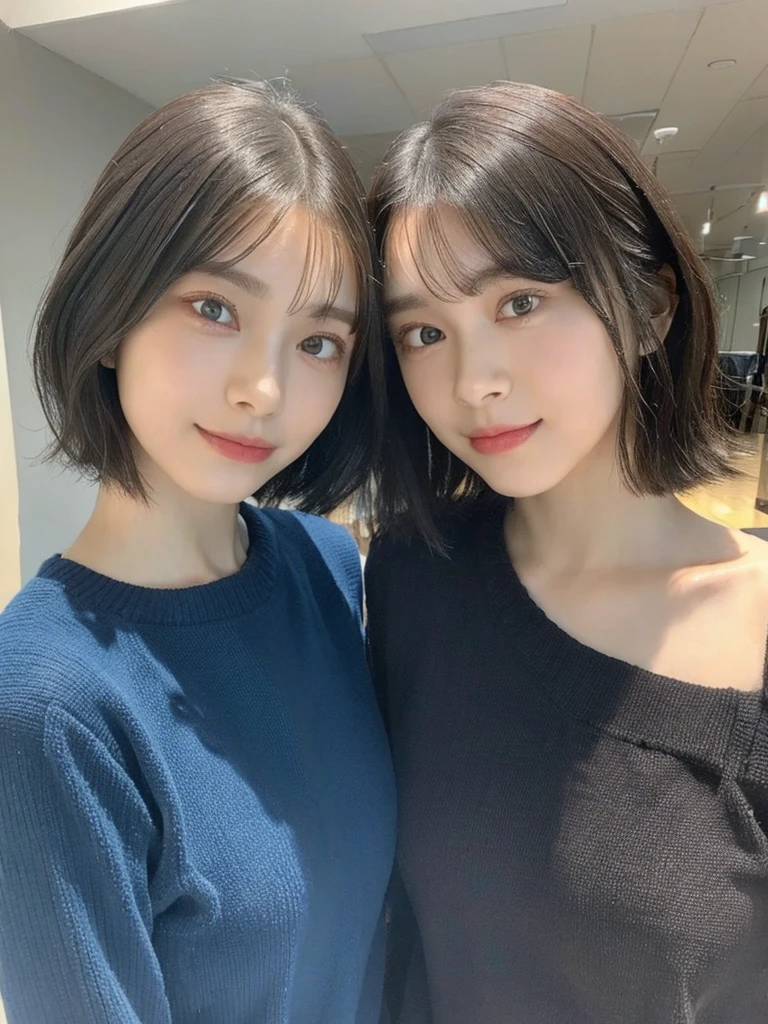 (masterpiece:1.3), (8k, Photoreal, Raw photo, best image quality: 1.4), Japanese high school girl、(random hairstyle:1.2)、cleavage:1.5、super detail face、eye for details、double eyelid、chest to chest、sharp focus:1.2、Beautiful woman:1.4、light brown hair、highest quality、masterpiece、超A high resolution、(Photoreal:1.4)、Highly detailed and professionally lit smiles、loose and light knitwear、shoulder out、thin、serious expression、short haired、deadly position
similar identical twins
All the girls have the exact same face, The two have the same face and figure, as if they were mirror images.