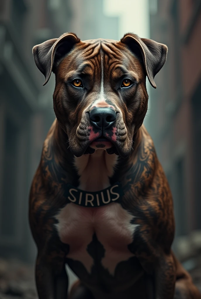 blood and brindle pitbull and the tattooed name SIRIUS