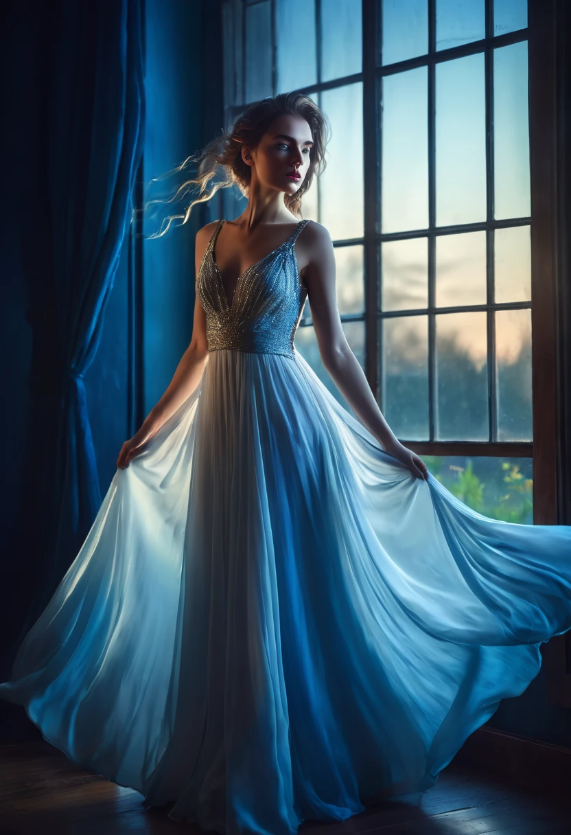 arafed woman in a dress standing in front of a window, a picture by Marie Bashkirtseff, shutterstock, romanticism, half-turned lady in evening gown, flowing gown, wearing a flowing dress, mysterious woman, haunting beautiful young woman, wearing a white flowing dress, flowing dress, woman in dress, extremely moody blue lighting, miss aniela