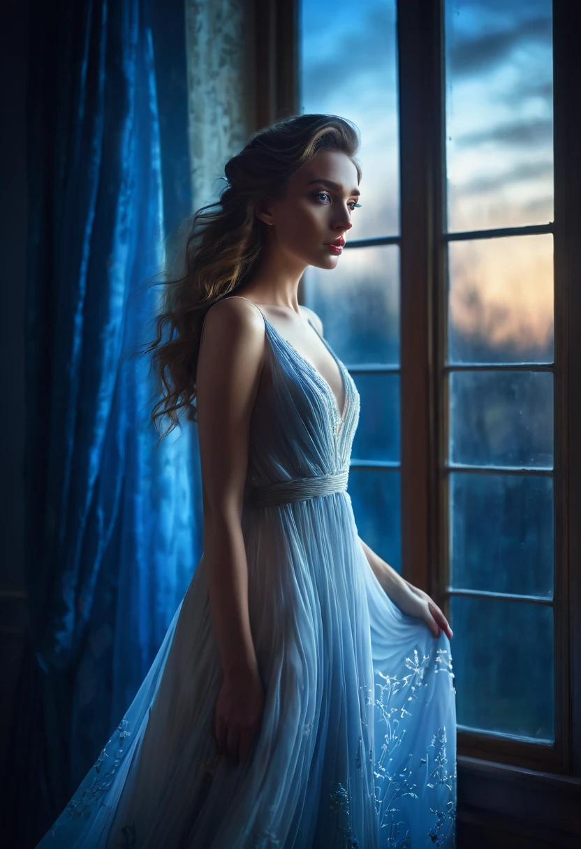 arafed woman in a dress standing in front of a window, a picture by Marie Bashkirtseff, shutterstock, romanticism, half-turned lady in evening gown, flowing gown, wearing a flowing dress, mysterious woman, haunting beautiful young woman, wearing a white flowing dress, flowing dress, woman in dress, extremely moody blue lighting, miss aniela