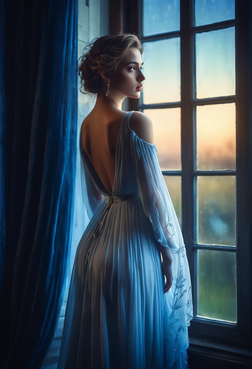 arafed woman in a dress standing in front of a window, a picture by Marie Bashkirtseff, shutterstock, romanticism, half-turned lady in evening gown, flowing gown, wearing a flowing dress, mysterious woman, haunting beautiful young woman, wearing a white flowing dress, flowing dress, woman in dress, extremely moody blue lighting, miss aniela