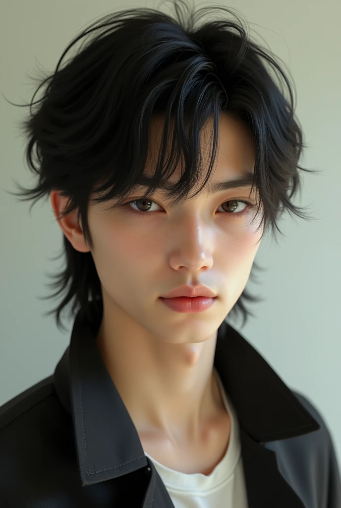 A young man with white skin and brown eyes, black hair with a mullet haircut