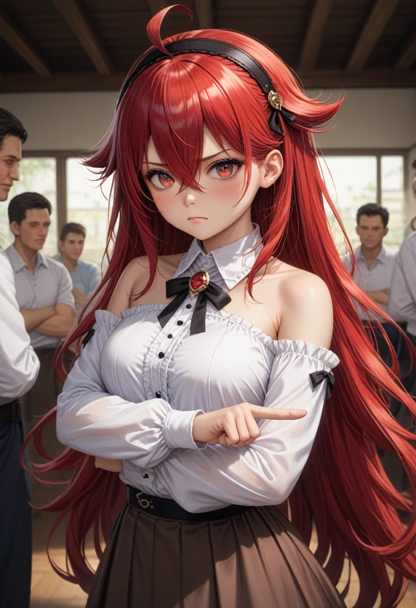 Eris grayrat, 1 girl, One, long hair, ahoge, Red eyes, Red hair, bare shoulders,hair band, crossed arms,blush, skirt, black hair band, breast, cut off sleeves,bang, hair between eyes, long sleeves, hair flaps, closed mouth, black skirt, brown skirt, shirt, crossed bang, very long hair, white shirt,biome,pointing at yourself,scream,wicked, cinematic film still,score_9,score_8_up,score_7_up,masterpiece,best quality,8k,source_cartoon,source_アニメ, fantasy