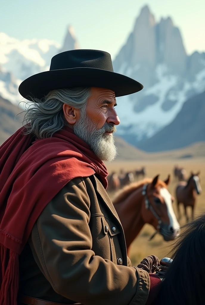 Horizontal profile image of a full-grown old gaucho with grey hair wearing a black beret on his head and a red scarf around his neck riding his horse galloping with more horses in Torre del Paine