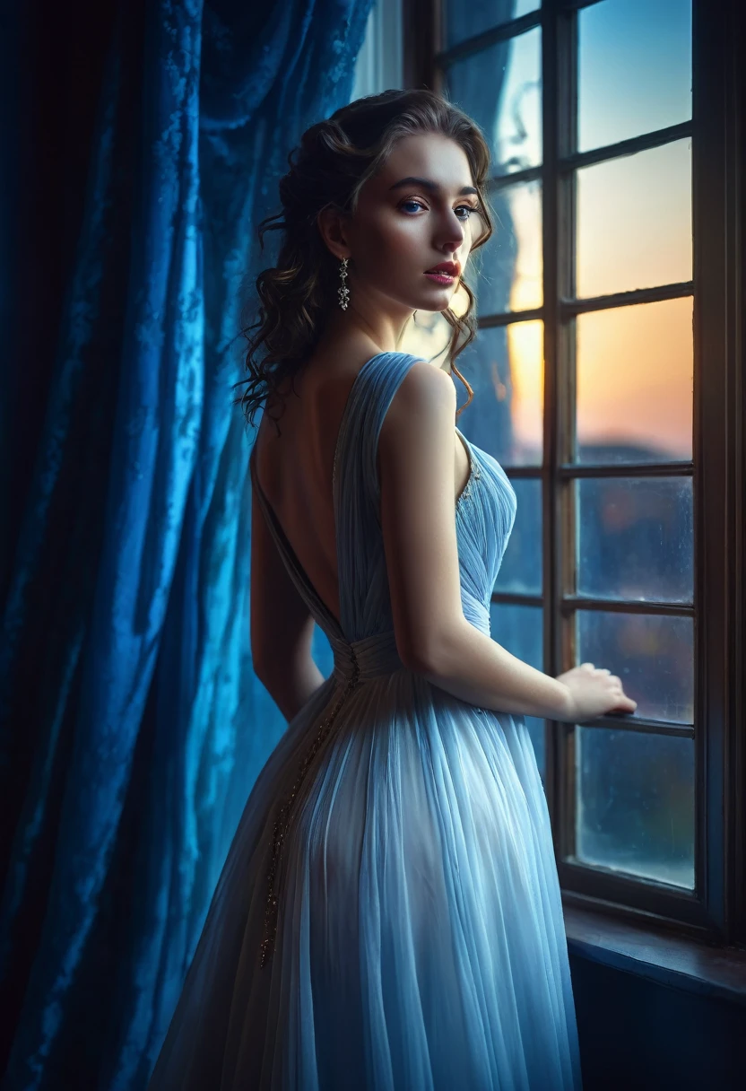 arafed woman in a dress standing in front of a window, a picture by Marie Bashkirtseff, shutterstock, romanticism, half-turned lady in evening gown, flowing gown, wearing a flowing dress, mysterious woman, haunting beautiful young woman, wearing a white flowing dress, flowing dress, woman in dress, extremely moody blue lighting, miss aniela