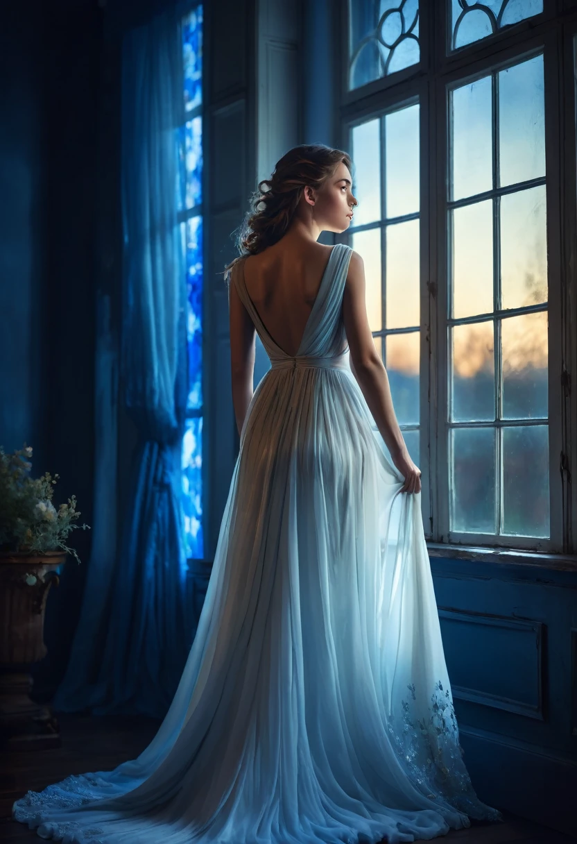 arafed woman in a dress standing in front of a window, a picture by Marie Bashkirtseff, shutterstock, romanticism, half-turned lady in evening gown, flowing gown, wearing a flowing dress, mysterious woman, haunting beautiful young woman, wearing a white flowing dress, flowing dress, woman in dress, extremely moody blue lighting, miss aniela