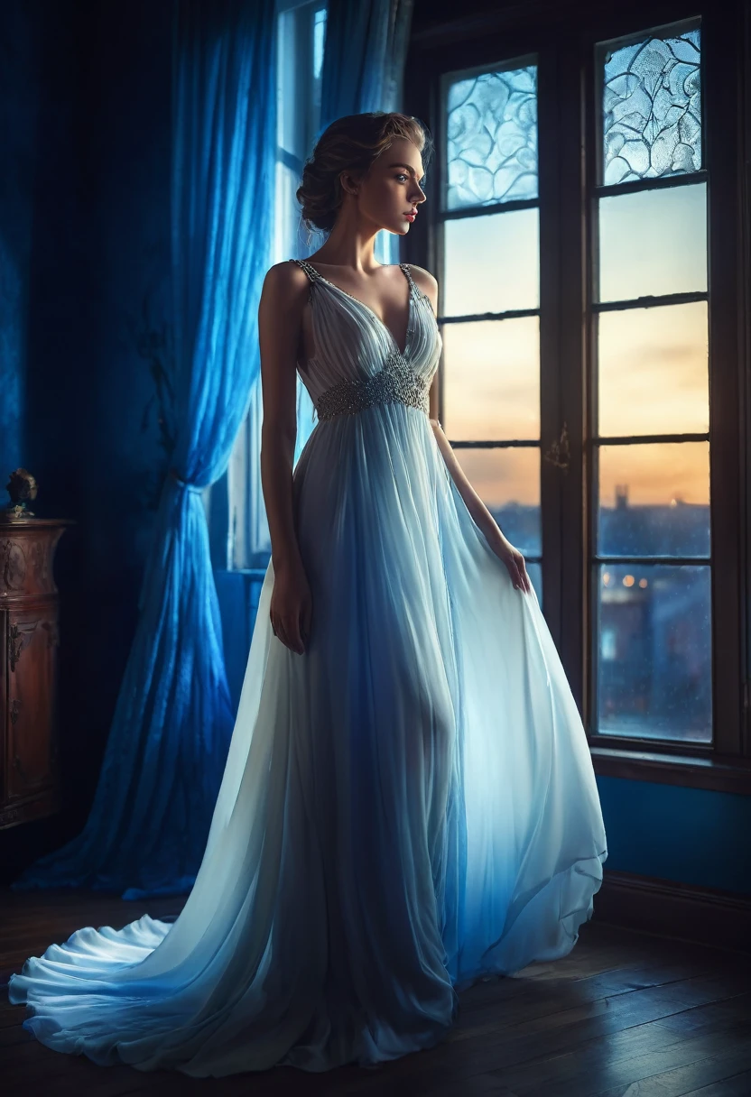 arafed woman in a dress standing in front of a window, a picture by Marie Bashkirtseff, shutterstock, romanticism, half-turned lady in evening gown, flowing gown, wearing a flowing dress, mysterious woman, haunting beautiful young woman, wearing a white flowing dress, flowing dress, woman in dress, extremely moody blue lighting, miss aniela