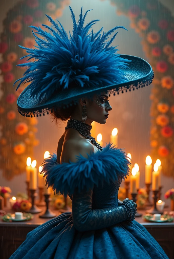 Hiperrealistic cinematic poster of a woman wearing a blue gothic vintage dress and a vintage hat adorned with ostrich feathers, standing in front of a Day of the Dead ofrenda with sugar skull on the ofrenda. The scene is illuminated with orange-tinted lighting, creating a warm and mystical atmosphere. The woman has traditional Catrina makeup, blending elegance with cultural heritage. Behind her, there is a natural lagoon surrounded by natural wood and mountains beside the lagoon of xochimilco with lands con forma de calavera , with a bokeh effect in the background. Soft raindrops fall, gently illuminated by the candlelight in the background. The poster has a standard cinematic size of 24x36 inches. Ultra-detailed, 4K resolution." 4k, hyperrealistic, cinematic lighting, vintage fashion, Day of the Dead, Catrina makeup, orange lighting, bokeh