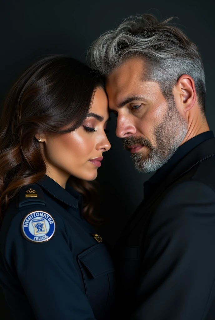 Believe me, the cover of a book where two protagonists appear, a Colombian brunette with wavy brown hair and a tall, warlike Italian with white brown hair and blue eyes, and whose title says precisely "you are young," she is 26 and he is 27. They should have their foreheads pressed together, so that the man looks more macho and not so cute. He has brown hair dressed in black and the woman has darker skin and is uniformed like an Interpol agent., with brown eyes that the background is dark and the man does not have a beard and that they look serious but with a loving look if the man has a beard that the image is darker no that the main character cannot be in uniform that he is dressed in a black suit and that he has lighter hair