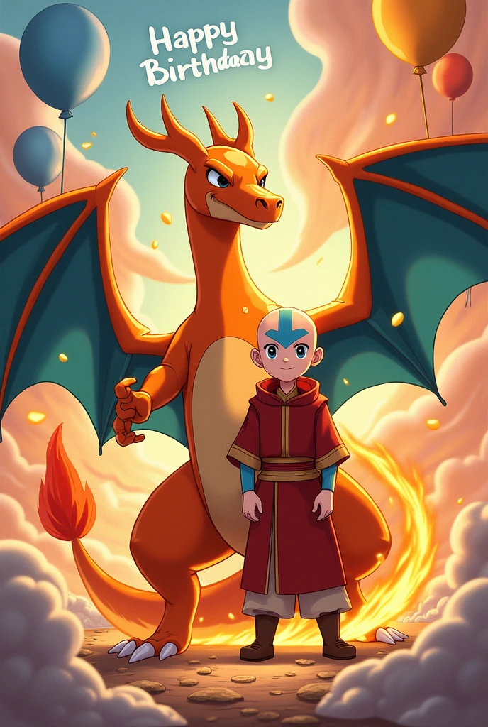 Happy birthday card with a phrase and a Charizard and Aang avatar