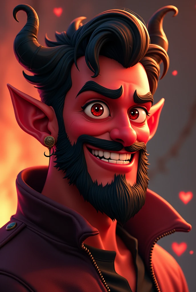 Devil type animation character with beard and curls, Redskin, mahogany eyes, ear piercings and flirtatious expression,