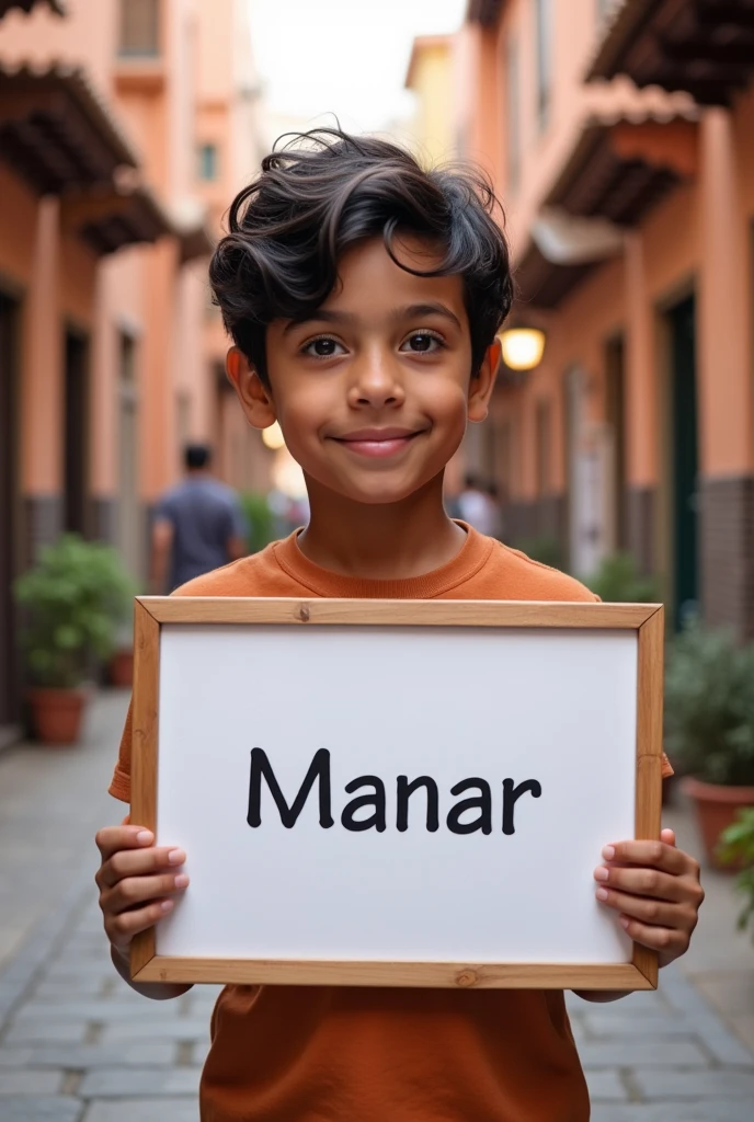 Beautiful boy with short wavy hair, holding a whiteboard with text "Manar" and showing in marrakech morocco