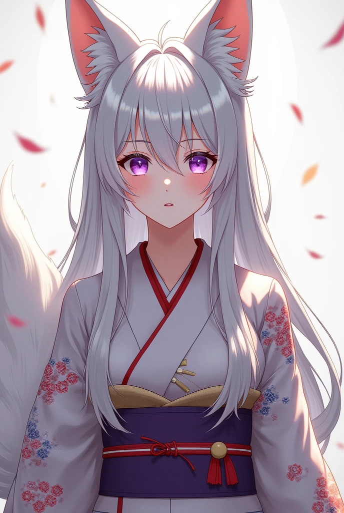 Height 182 cm, Her hair is silvery white, your ears are big like a fox&#39;s. With violet pupils similar to a fox&#39;s. She has a white tail, dressed in kimono. (Realistic anime model, Woman) 
