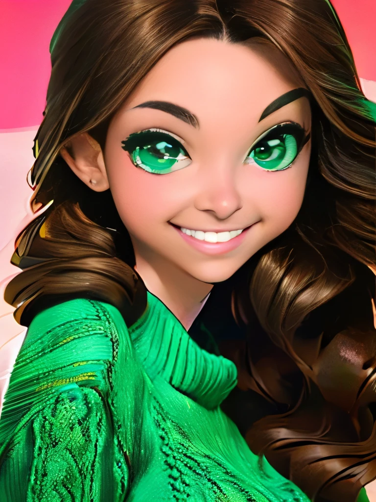 A stunning masterpiece of a high-res portrait of a beautifully detailed girl with long, shiny brown hair and mesmerizing green eyes, wearing a cozy sweater and flashing a gorgeous smile that accentuates her small yet perfectly-formed ???????.