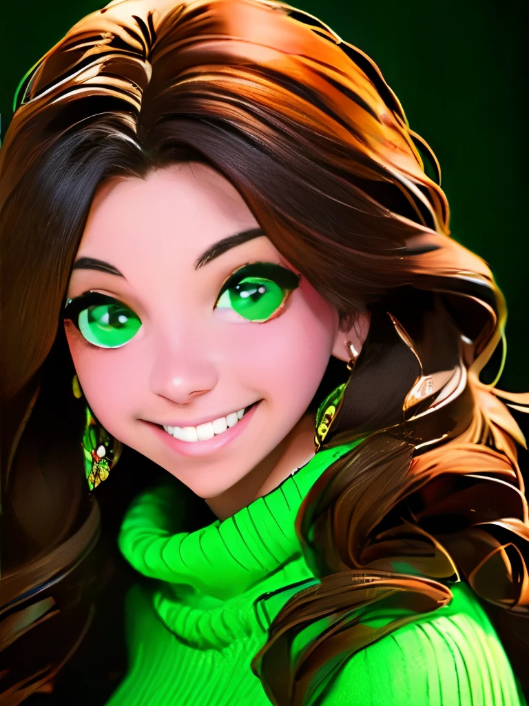A stunning masterpiece of a high-res portrait of a beautifully detailed girl with long, shiny brown hair and mesmerizing green eyes, wearing a cozy sweater and flashing a gorgeous smile that accentuates her small yet perfectly-formed breasts.