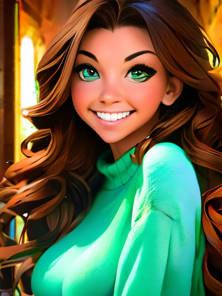 A stunning masterpiece of a high-res portrait of a beautifully detailed girl with long, shiny brown hair and mesmerizing green eyes, wearing a cozy sweater and flashing a gorgeous smile that accentuates her small yet perfectly-formed breasts.