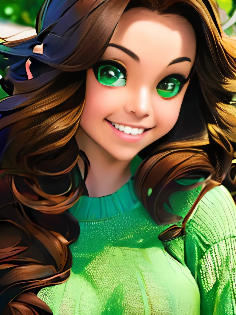 A stunning masterpiece of a high-res portrait of a beautifully detailed girl with long, shiny brown hair and mesmerizing green eyes, wearing a cozy sweater and flashing a gorgeous smile that accentuates her small yet perfectly-formed breasts.