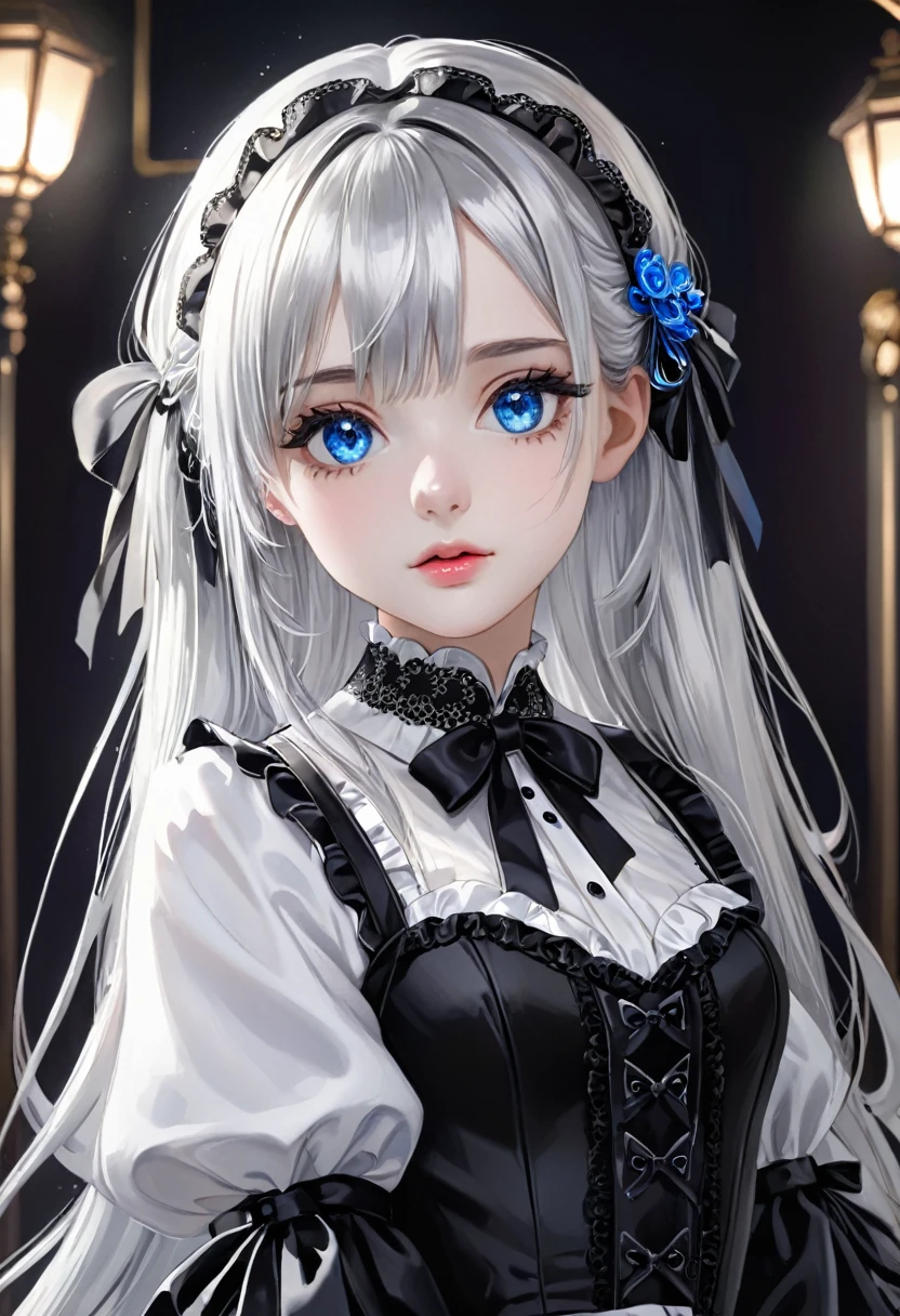 (Digital Art:0.2),(Highest quality),(masterpiece),Delicately painted face,Girl with a beautiful face,Beautiful and exquisite blue eyes,Gothic Lolita Fashion,((Black and white costume)),(Beautiful silky silver hair:1.2),Black ribbon hair ornament,Cinema Lighting,Abstract,Beautiful artistic illustration、Character portrait、Facing forward、vtuber