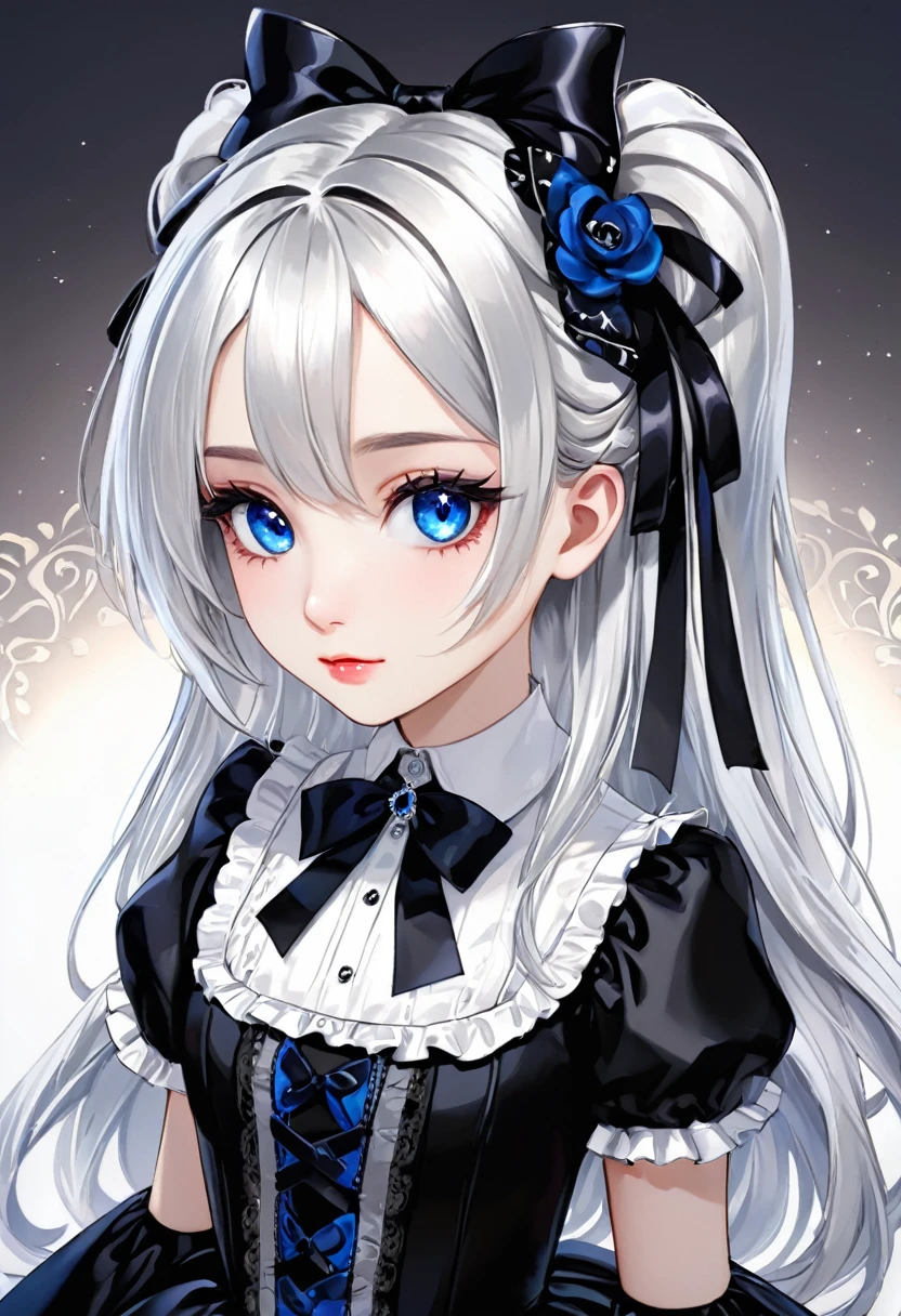 (Digital Art:0.2),(Highest quality),(masterpiece),Delicately painted face,Girl with a beautiful face,Beautiful and exquisite blue eyes,Gothic Lolita Fashion,((Black and white costume)),(Beautiful silky silver hair:1.2),Black ribbon hair ornament,Cinema Lighting,Abstract,Beautiful artistic illustration、Character portrait、Facing forward、vtuber