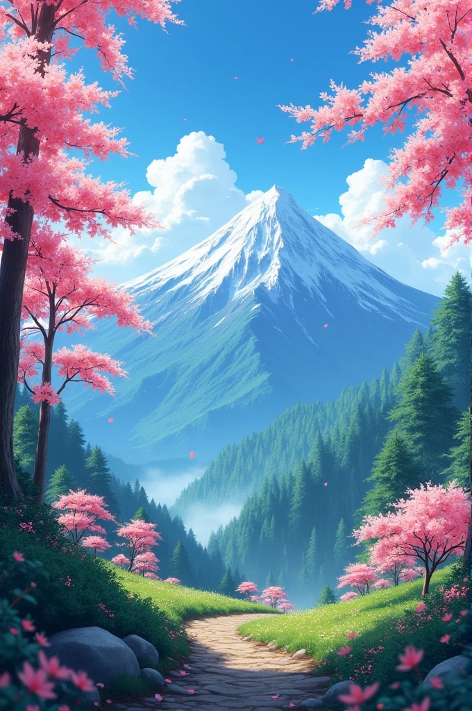 Anime background with beautiful scenarios red cherry blossom in mountain 