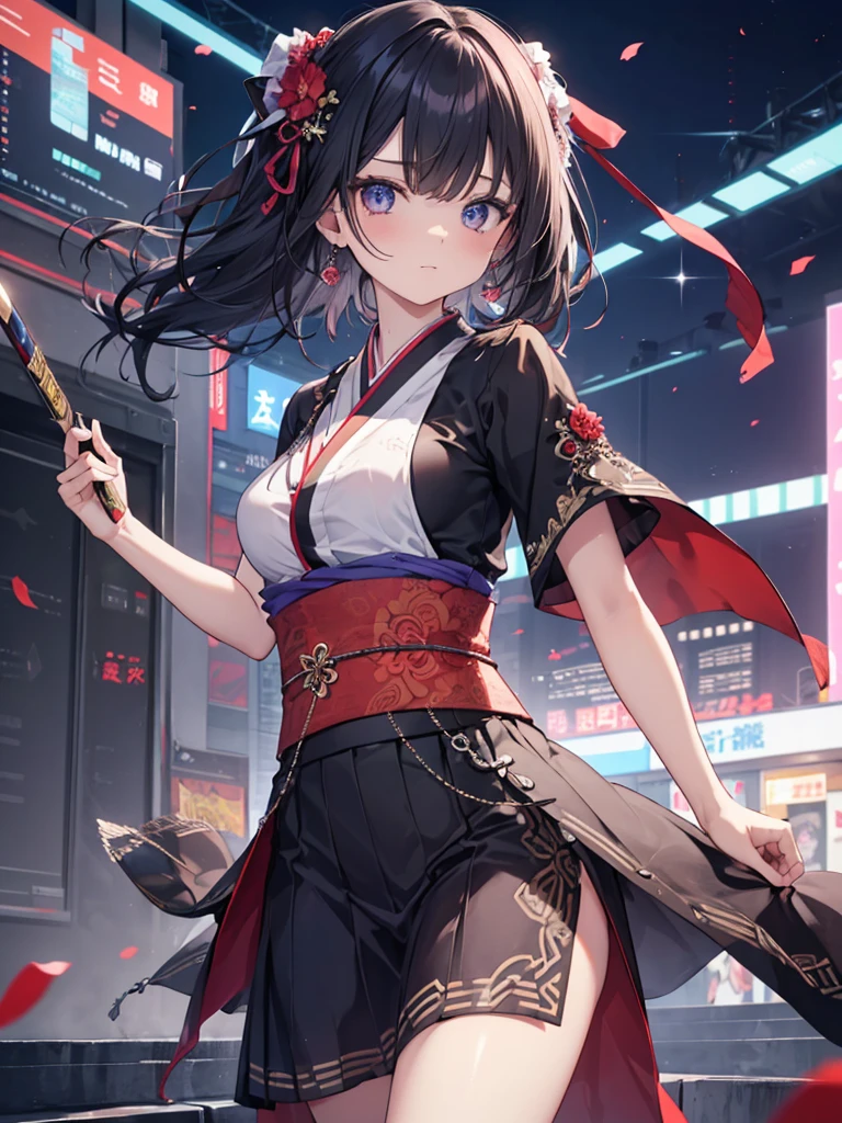 (Oriental Project)),((A left eye with a unique pattern)),(mysterious),((Assassin's Bewitching Girl)),((Long black hair blowing in the wind)),((masterpiece)),((Highest quality)),((The right eye is covered by the bangs)),((alone)),((Deep blue pupils、Shining blue eyelashes)),((Beautiful and shining eyes)),((Wearing a black overcoat over his black clothes)),((Wearing a black mini skirt,Wearing long black tights,((Slim body)),((Black headband)),((Wearing black gloves)),((Fantastic nature))