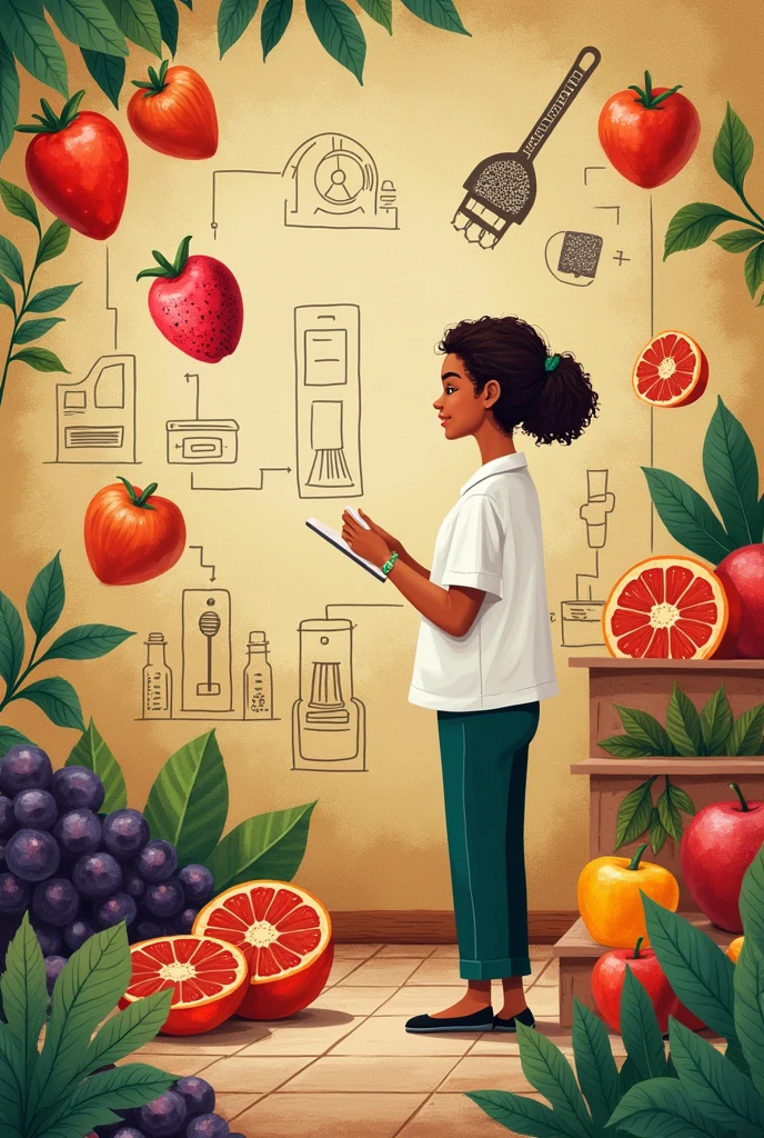 Animated image for a mural highlighting the food engineering career(with some engineering instruments, some fruit products or derivatives of some products) and at the same time the intercultural (that there are people representing interculturality or something significant to interculturality)