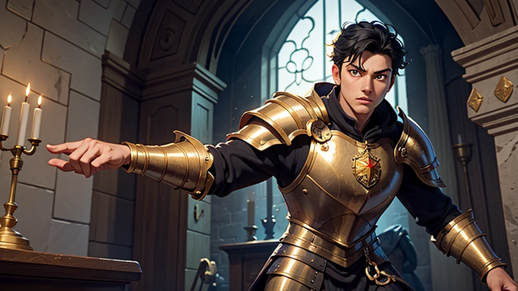 Young hero builds castle with magic, one boy, levitating, black hair, golden eyes, armour, hands movement