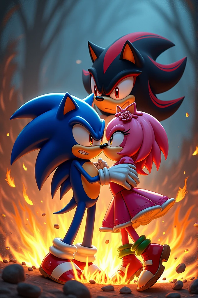 A Sonic on fire while Amy and Eggman are in love while Shadow smokes in the background 
