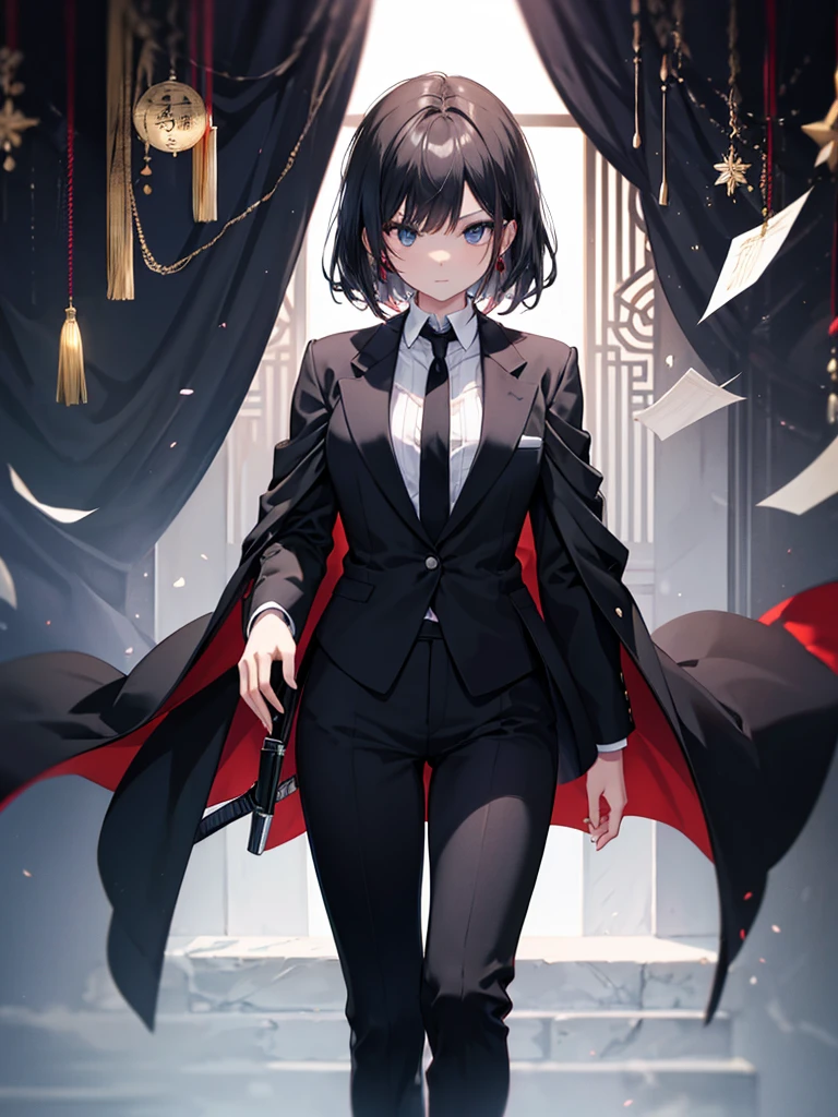 (Oriental Project)),((Black tie))All Black Costumes,(mysterious),((Assassin's Bewitching Girl)),((Long black hair blowing in the wind)),((masterpiece)),((Highest quality)),((Eyes visible through the gaps in the bangs)),((alone)),((Deep blue pupils、Shining blue eyelashes)),((Beautiful and shining eyes)),((Wearing a black overcoat over his black clothes)),((Wearing a black mini skirt,Wearing long black tights,((Slim body)),((Black headband)),Wearing black gloves,Looking down on a fantastical world
