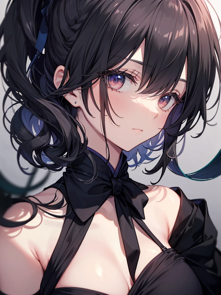 (Oriental Project)),((Black tie))All Black Costumes,(mysterious),((Assassin's Bewitching Girl)),((Long black hair blowing in the wind)),((masterpiece)),((Highest quality)),((Eyes visible through the gaps in the bangs)),((alone)),((Deep blue pupils、Shining blue eyelashes)),((Beautiful and shining eyes)),((Wearing a black overcoat over his black clothes)),((Wearing a black mini skirt,Wearing long black tights,((Slim body)),((Black headband)),Wearing black gloves,Looking down on a fantastical world