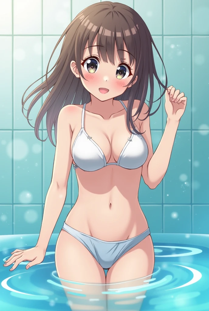 Please show me a picture where an anime girl shows us her underwear that the girl is soaked with water