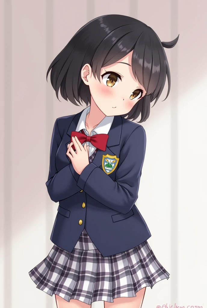 One girl, School Blazer,Checkered Skirt,cute,beautiful girl,Short Hair,ribbon,Quiet,Innocence,Obedience,blush one's cheeks,Gaze Here,Idol,Beautiful black hair,Charm,Very naughty