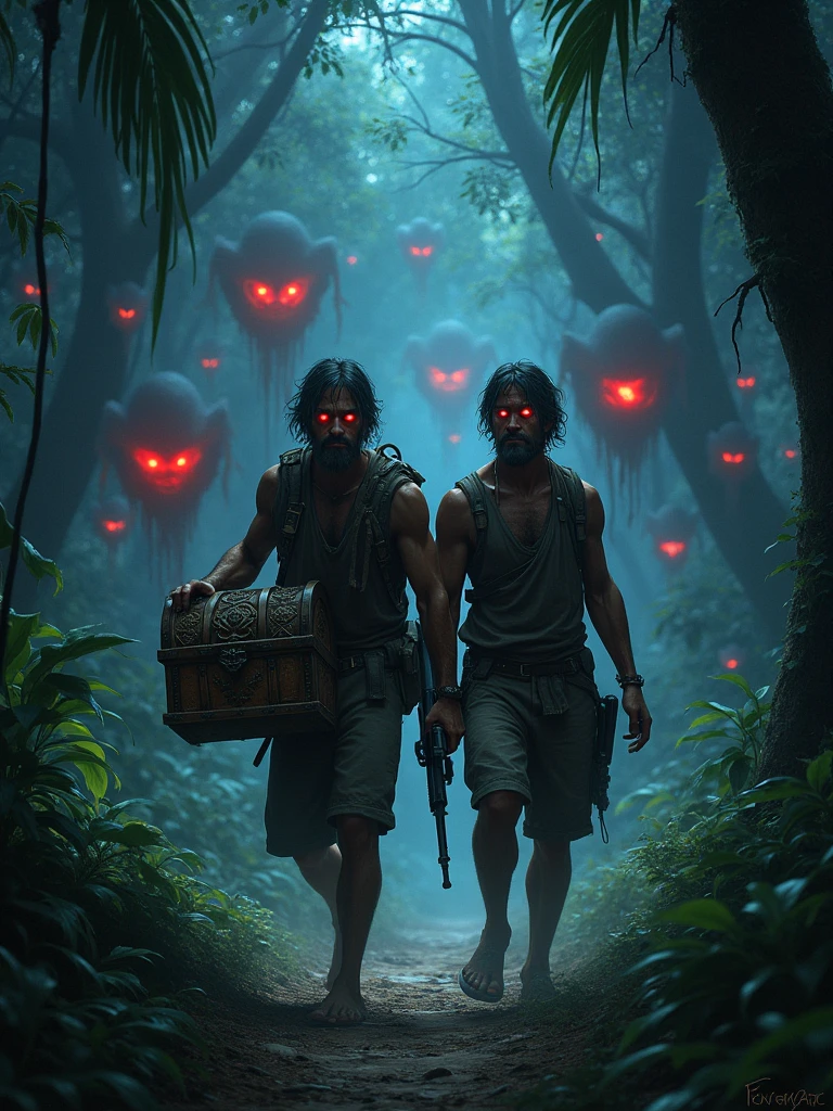 Two Cambodian hunters carrying guns carrying a treasure chest through the jungle at night with many red-eyed spectacles