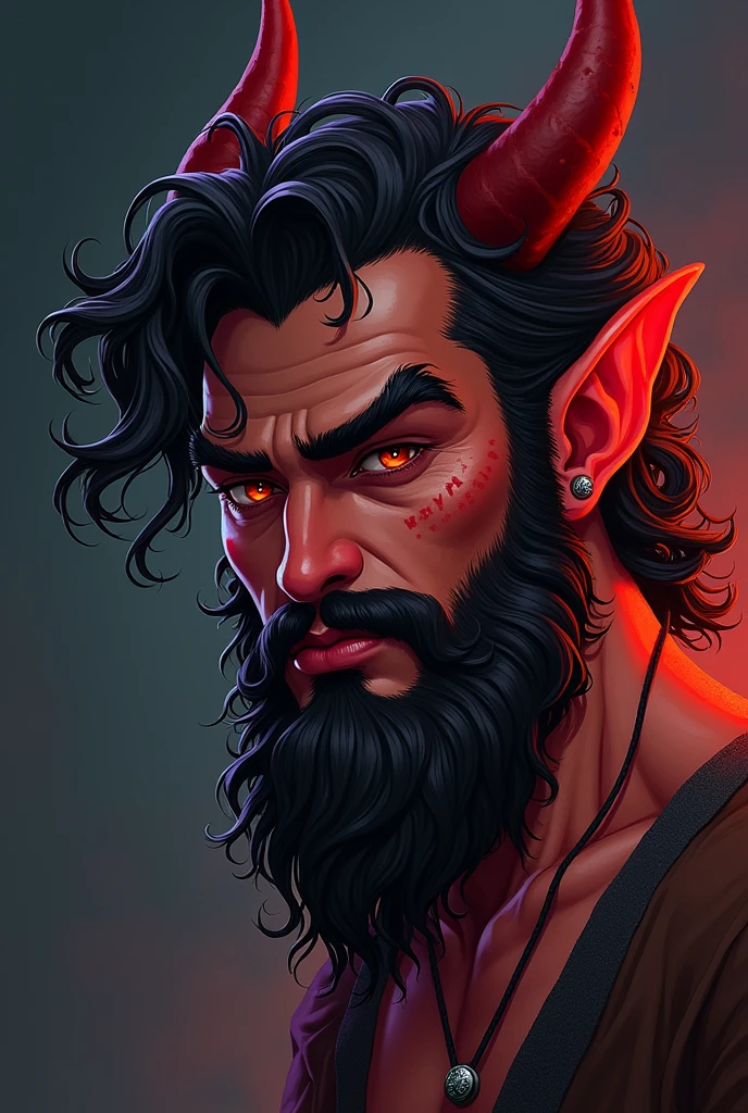 Devil character type illustration with beard and curls, Redskin, mahogany eyes, ear piercings and flirtatious expression,