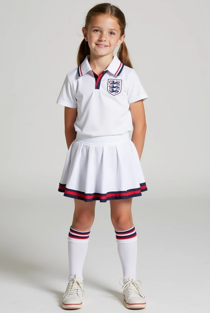 Five-year-old girl's sports uniform with full-body skirt, represents England, the color of the uniform is white, with blue and red.