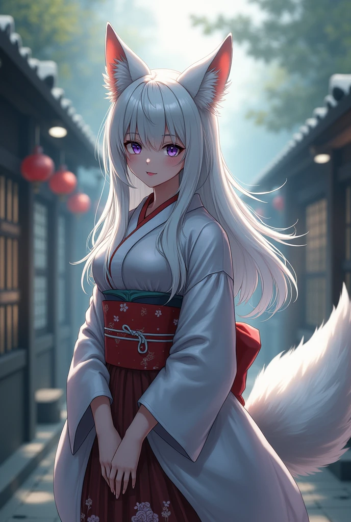 Height 182 cm, Her hair is silvery white, your ears are big like a fox's. With violet pupils similar to a fox's. She has a white tail, dressed in kimono. (realistic model, Woman)