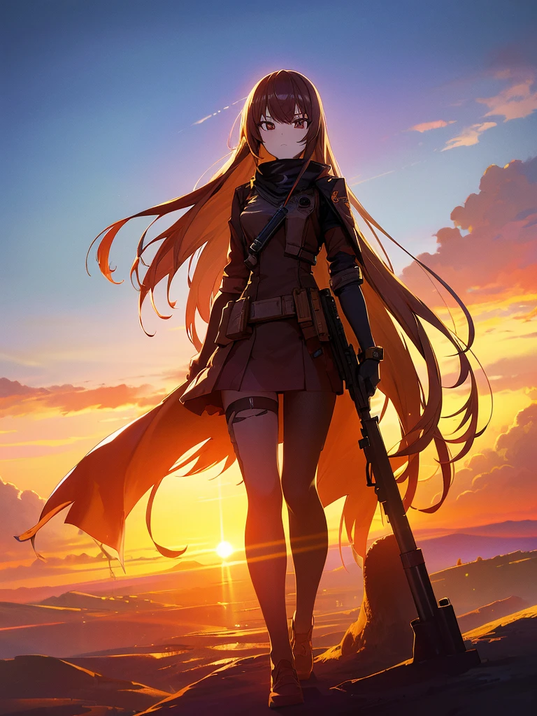 (masterpiece:1.2, Highest quality),(Colored Background) (Beautiful attention to detail: 1.2), (Highly detailed CG Unity 8K wallpapers, masterpiece, Highest quality, Very detailed, Best Shadow), (Detailed Background) ,arms(With a long stick),alone ,1 Robot. Cityscape, building, Skyline, sunset, Silhouette against a cloud background, meditation. Watching the beautiful sunset, sunset時に, sunset時, sunsetとともに, In the sunset, Nice views, Sunset view, With the sunset, sunset時に, During Golden Hour, looking sunset時に, Sunset in the background, Watching the sunset, In the spotlight, holding_gun, assault_rifle, Very detailed, Brown Hair, Long Hair, Anime Style, whole body, alone, Stylish Gunfighter Girl, Holding a steampunk long barrel pistol,Standing in the wasteland, 8K high resolution, White Background, The background is a dark and desolate landscape, Horror movie atmosphere. Her figure is very beautiful, Emphasizing the dark and crazy elements. Skillfully expressing the effects of light and shadow, Anime girls with guns and rifles, from Girls' Frontline, mechanized soldier girl, Girls' Frontline style