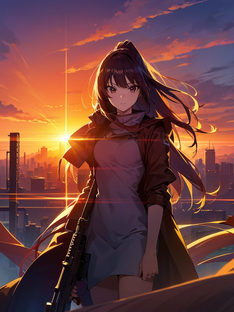 (masterpiece:1.2, Highest quality),(Colored Background) (Beautiful attention to detail: 1.2), (Highly detailed CG Unity 8K wallpapers, masterpiece, Highest quality, Very detailed, Best Shadow), (Detailed Background) ,arms(With a long stick),alone ,1 Robot. Cityscape, building, Skyline, sunset, Silhouette against a cloud background, meditation. Watching the beautiful sunset, sunset時に, sunset時, sunsetとともに, In the sunset, Nice views, Sunset view, With the sunset, sunset時に, During Golden Hour, looking sunset時に, Sunset in the background, Watching the sunset, In the spotlight, holding_gun, assault_rifle, Very detailed, Brown Hair, Long Hair, Anime Style, whole body, alone, Stylish Gunfighter Girl, Holding a steampunk long barrel pistol,Standing in the wasteland, 8K high resolution, White Background, The background is a dark and desolate landscape, Horror movie atmosphere. Her figure is very beautiful, Emphasizing the dark and crazy elements. Skillfully expressing the effects of light and shadow, Anime girls with guns and rifles, from Girls&#39; Frontline, mechanized soldier girl, Girls&#39; Frontline style