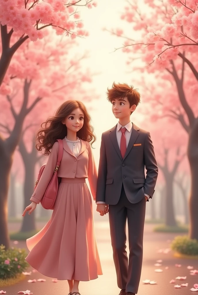 1242x2688 pixels,C4D Model,Young couple,The eyes of boys and girls have a sense of brushing,A brown girl with long curly hair wearing a casual long skirt suit and a small backpack,Boys short brown hair,Wearing a casual and handsome suit,The two of them are full of hope for the future,Spring blooming season,Peach blossoms in full bloom in spring,highly,Volumetric light,happy up view ,Ultra HD 8k,webp