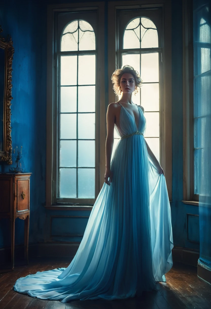 arafed woman in a dress standing in front of a window, half-turned lady in evening gown, flowing gown, wearing a flowing dress, mysterious woman, haunting beautiful young woman, wearing a white flowing dress, flowing dress, woman in dress, extremely moody blue lighting, miss aniela, standing in a dimly lit room, wearing a magnificent dress