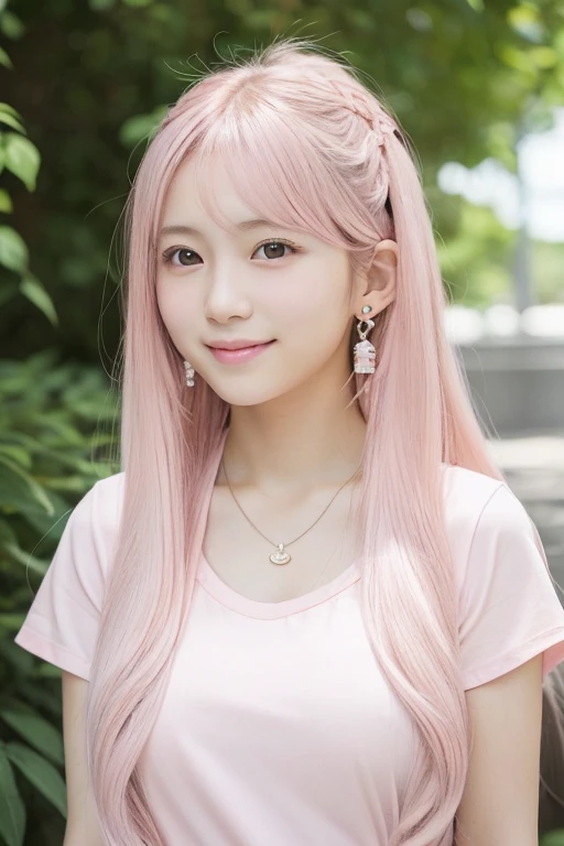 ((detailed)),(photo realistic:1.55), Japanese girl, 16 years old, (((Very light pink, very long twin-tailed hair))), Has a gentle perm, Wearing earrings and a necklace, big Tシャツを着ている, Looking up at the camera, half smile, live house